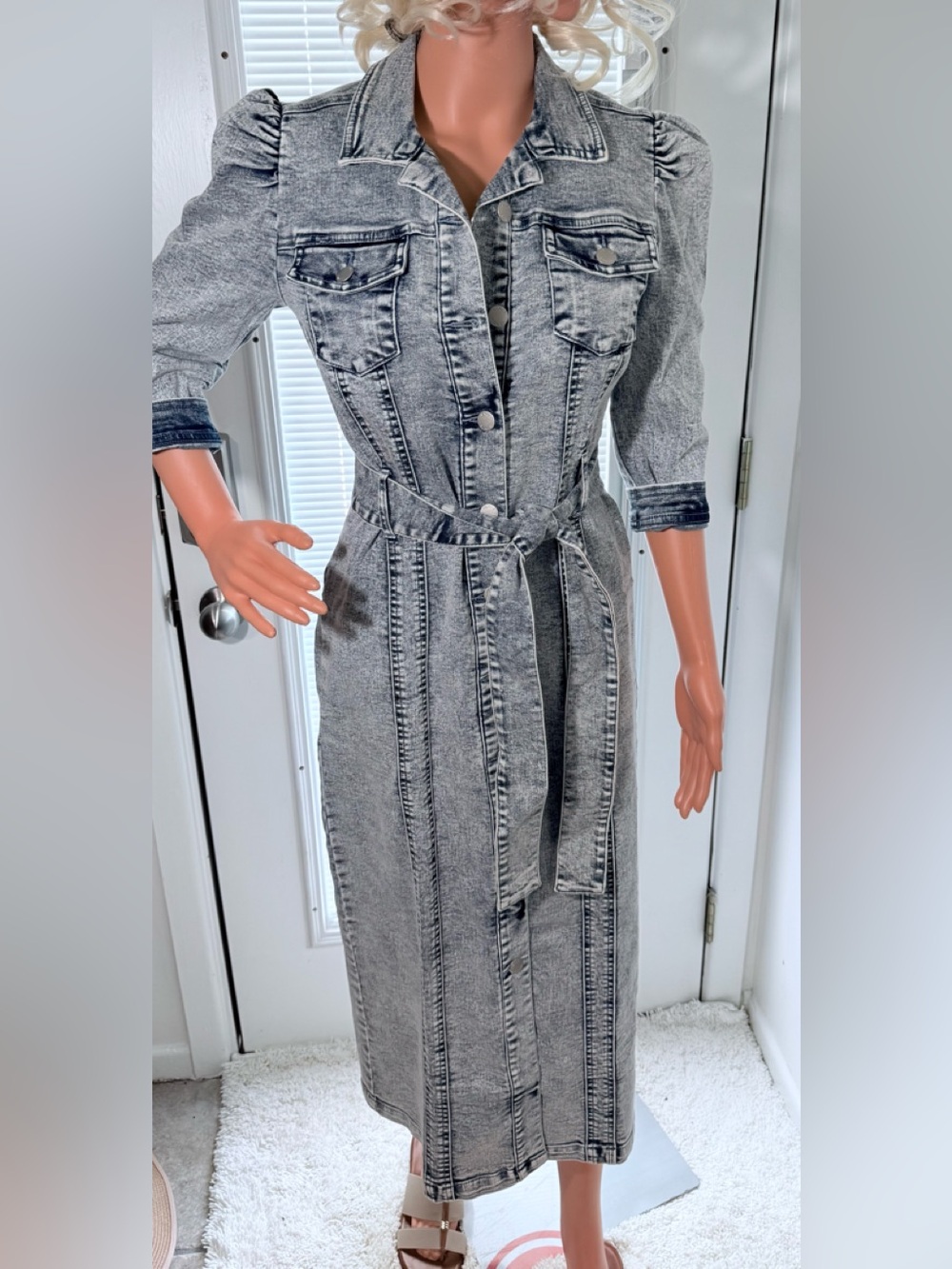 NWOT VENUS Washed Denim Midi Shirt Dress with Tie Waist - Picture 3 of 3